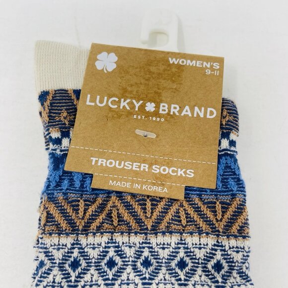 Lucky Brand Womens Size 9-11 Jacquard Pyramid Hi Crew Trouser Socks Ivory/Blue - Picture 3 of 6